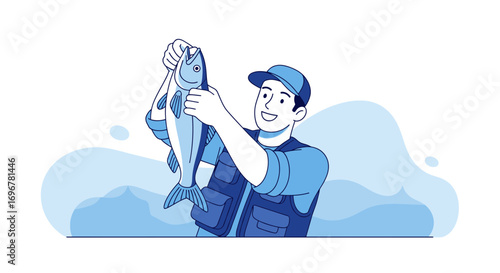 Joyful Fisherman Displays Catch: An Artistic Depiction of A Successful Fishing Expedition
