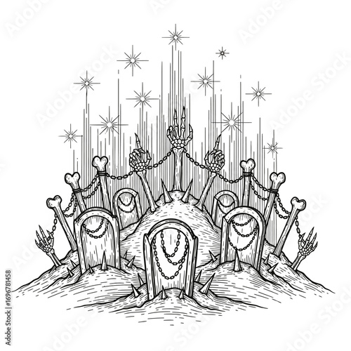 Mysterious occult graveyard scene with ancient gravestones and celestial sparkles vector