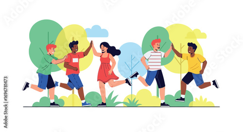 Joyful Friends High Fiving While Running in a Park Among Greenery and Nature