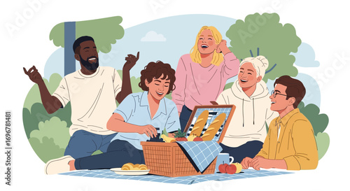 Joyful Friends Enjoying A Picnic Together And Having A Great Time Outdoors