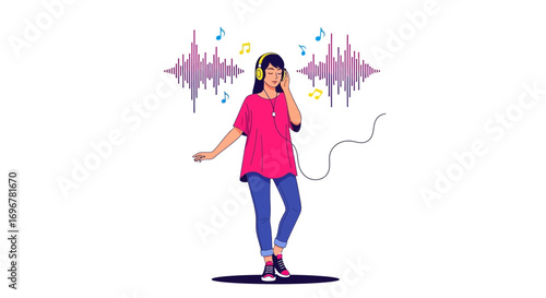 Joyful Girl Dancing While Listening To Music And Enjoying The Sound Through Headphones
