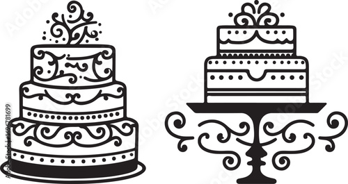 Black Silhouette Ornate Tiered Cakes on White Background