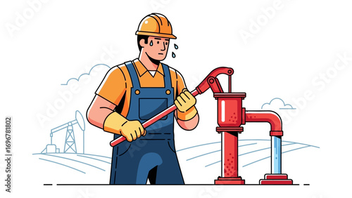 Hard-working Professional at Water Pump: Depicts a diligent individual, diligently operating an old-fashioned water pump in a rural setting, symbolizing labor and resourcefulness. 