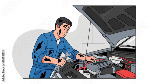Automotive Artisan: A skilled mechanic, hands smudged with grease, meticulously examines a car engine, embodying the dedication and precision of automotive repair.
