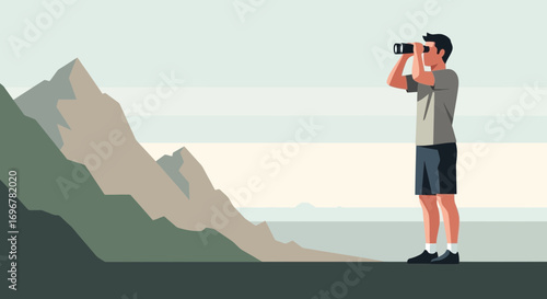 Man Viewing Nature Through Binoculars On Top Of The Mountain, Seeking New Horizons