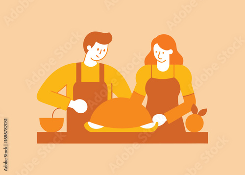 Young couple enjoying cooking together in a cozy warm inviting kitchen scene