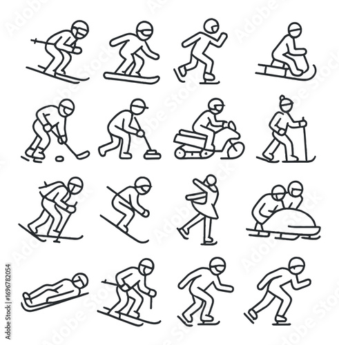 Simple line icons of winter sports activities and athletes