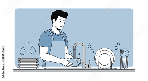 Man Washing Dishes In A Kitchen, Clean Home Routine and Domestic Chores