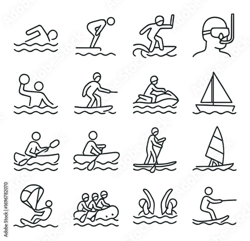 Line art of water sports: swimming, snorkeling, diving, sailing, kayaking, windsurfing, parasailing