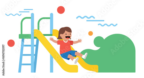 Joyful Kid Experiencing Playground Slide Fun Illustration Vector Graphic