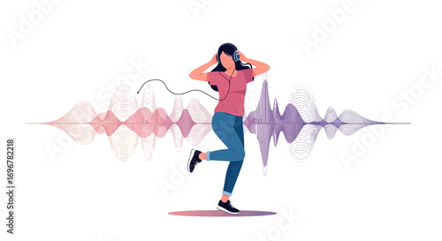 Joyful Listener Immersed In Music, Featuring Dynamic Audio Waves, Vector Illustration