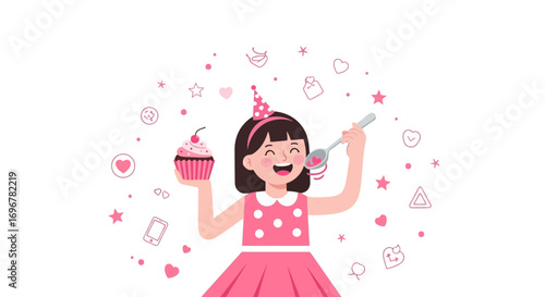 Joyful Little Girl Celebrating With A Cupcake And Festive Party Elements