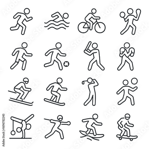 Icons of popular sports activities: running, swimming, cycling, tennis, skiing, boxing, surfing, skateboarding