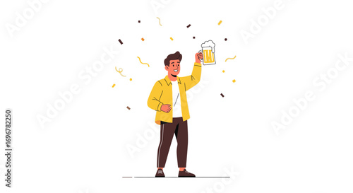 Joyful Man Cheers, Holding A Beer Mug, Celebrating, Festive Illustration