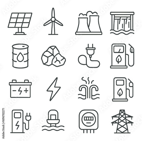 Energy icons: solar, wind, nuclear, hydro, fossil fuels, renewable energy solutions