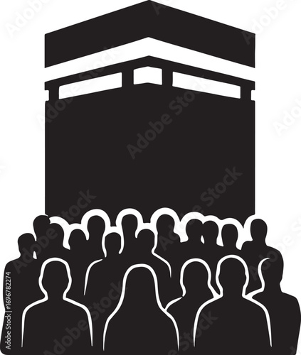Silhouette of Kaaba with pilgrims crowd in Mecca during Hajj worship in black vector design