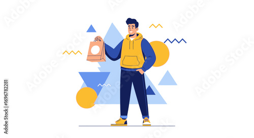 Joyful Man Delivering Package with Graphical Elements and Modern Illustration Style