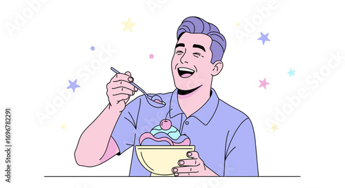 Joyful Man Savoring Delicious Ice Cream and Expressing Pure Delightful Happiness