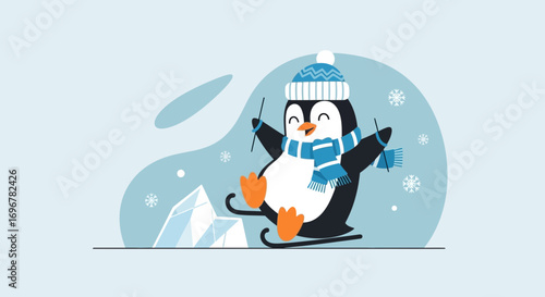Joyful Penguin Skis Down The Snowy Slope, Embracing The Winter Season With Glee