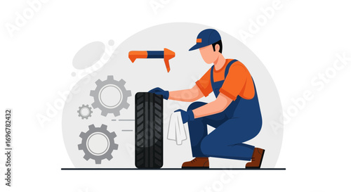 Mechanic Fixing Car Tyre With Tools And Gears For Vehicle Maintenance Service Activities