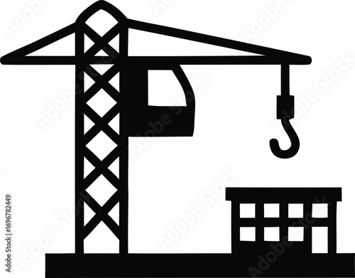 Construction Crane Lifting Building Material on a Site - Vector Illustration
