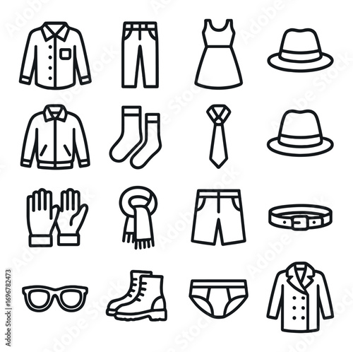 Monochrome icon set of clothing and accessories