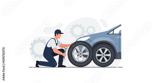 Mechanic Replacing Automotive Tires While Preparing Car For The Road, Illustration Design