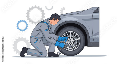 Mechanic Servicing Car Tire with Wrench, Repairing the Wheel, Automotive Illustration