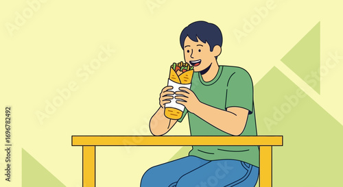 Joyful Person Enjoying Delicious Wrap at A Table with Smiling Face and Happy Expression