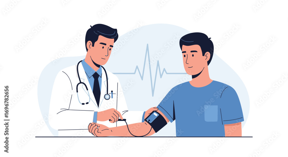 Fototapeta premium Medical Examination: Doctor Checking Blood Pressure Of Patient With Healthcare Focus On Wellness