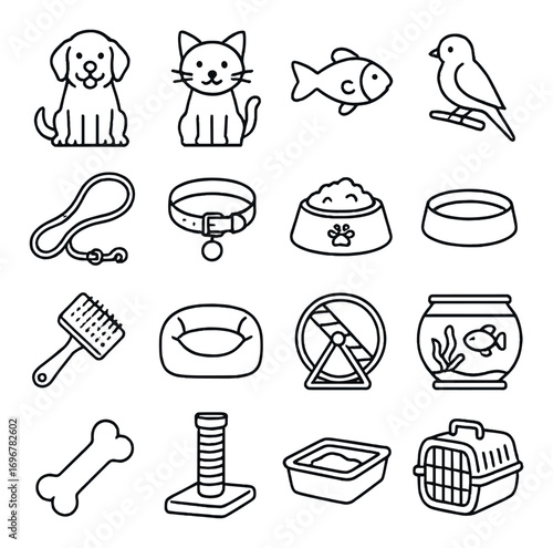 Collection of pet care icons featuring dog, cat, bird, and fish supplies
