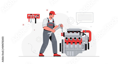 Mechanical Technician Repairing A Powerful Engine with Industrial Instruments For Car Maintenance