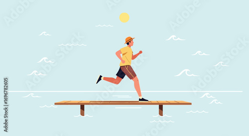 Joyful Runner Embarks On a Waterfront Stroll Under a Bright Sun in an Animated Scene