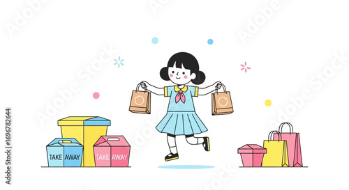 Joyful Schoolgirl Celebrating Takeaway Food With Colorful Shopping Bags and Boxes