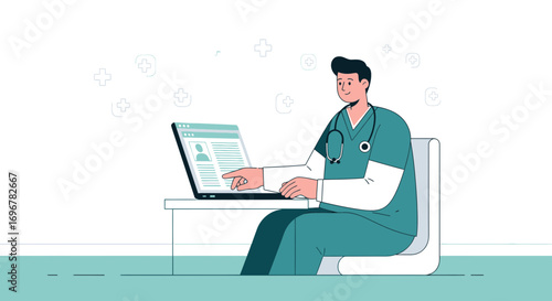 Medical Practitioner Using Computer Demonstrating Digital Healthcare And Telemedicine Concepts