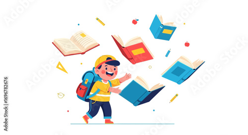 Joyful Student Reaching for Books, Studying and Learning Education Concept Illustration