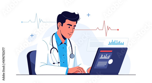 Medical Professional Analyzing Data On A Laptop, With Blue And Red Heart Rate Lines