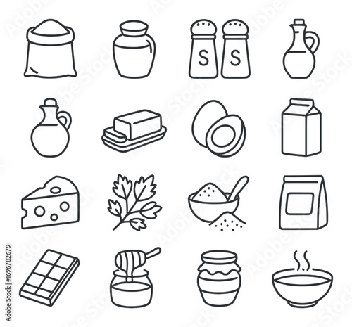 Illustrated icons of foods and ingredients featuring cheese, spices, and honey