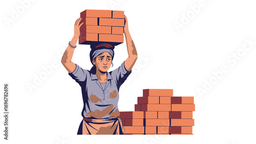 Woman With Load of Bricks: A woman stands, balancing a stack of bricks on her head, next to a pile, embodying strength, labor, and resilience in a simple, illustrative style. 