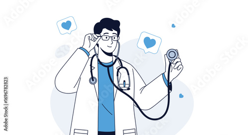 Medical Professional Holding Stethoscope and Smiling with Hearts Illustrating Health Care