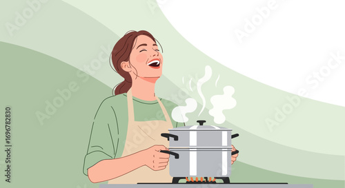 Joyful Woman Cooking Steaming Food Illustrating Happiness in The Kitchen Scene