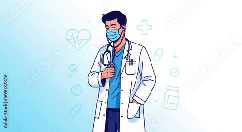 Medical Professional In A Protective Mask And Coat With Medical Icons Background