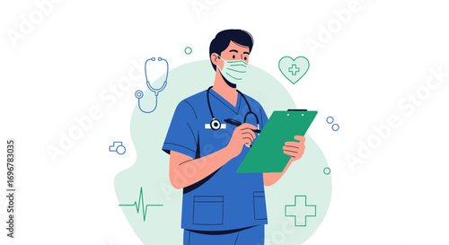 Medical Professional Recording Information About Patient in a Contemporary Clinical Environment
