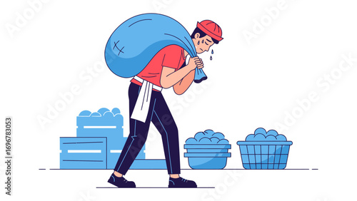Burdened by the Load: A hard-working individual struggles to carry a heavy bag, symbolizing effort and dedication in this expressive illustration.