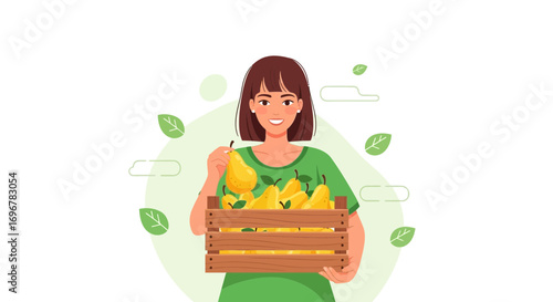 Joyful Woman Holding Wooden Crate Filled With Fresh Yellow Pears And Looking Forward