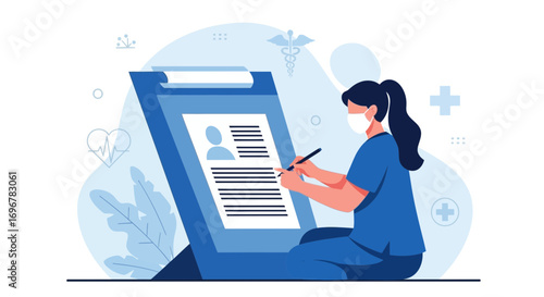 Medical Professional Recording Patient Information on Clinical Document in Healthcare Setting