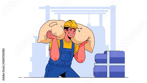 Worker carrying sacks: An illustration of a construction worker, burdened but determined, carrying two heavy sacks in an industrial setting, his commitment shining through his struggle.