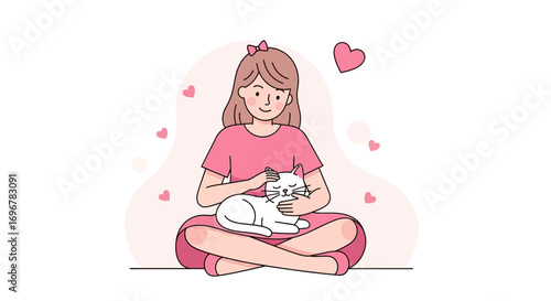 Joyful Woman Petting Affectionate Cat While Expressing Love Through Hearts