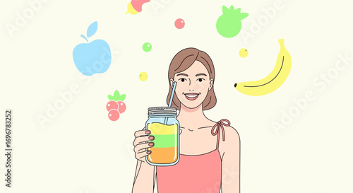 Joyful Woman Touting Refreshing Fruit Smoothie In a Minimalist Illustration Style