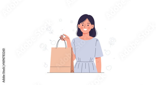 Joyful Woman With Shopping Bag And Whimsical Floral Decorations In Minimalist Style.
